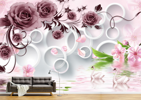 Abstract - Abstract 3D - Tapet Premium Canvas - Trandafirul mov lebedele si cercurile 3d abstract