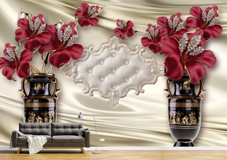 Abstract - Abstract 3D - Tapet Premium Canvas - Vaze cu flori si perle 3d abstract