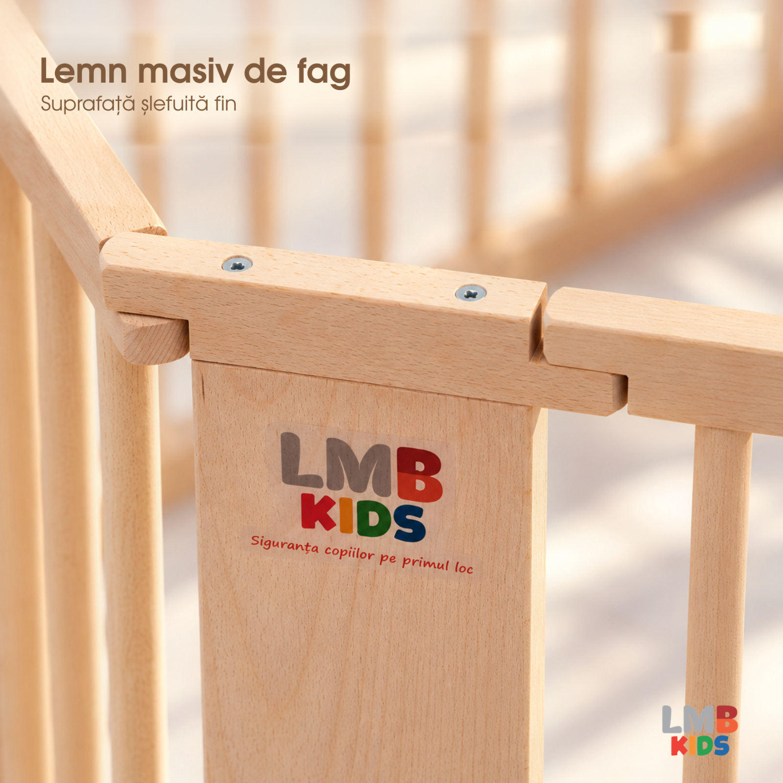 Detaliu al lemnului masiv de fag și al îmbinării țarcului LMB KIDS