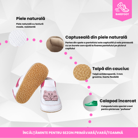 Papucei Barefoot Pisica Alb/roz [7]