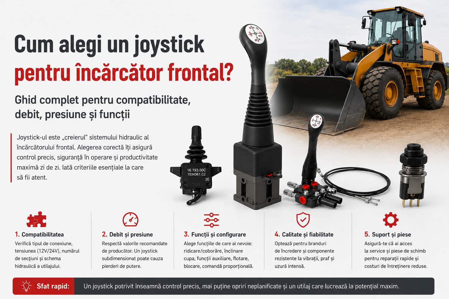 Cum alegi un joystick pentru încărcător frontal? Ghid complet pentru compatibilitate, debit, presiune și funcții