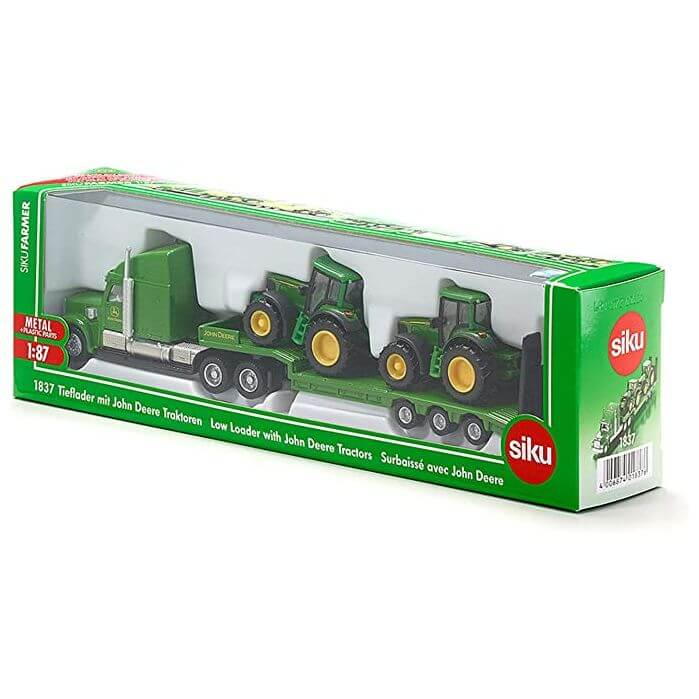 Jucarie - Camion cu remorca platforma joasa si 2 tractoare John Deere 6820 1837 Siku 1:87 01837 [3]