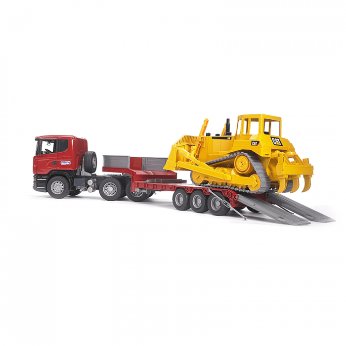 Jucărie - Camion Scania cu remorca, platforma si buldozer cu senile Caterpillar [3]