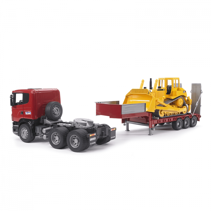 Jucărie - Camion Scania cu remorca, platforma si buldozer cu senile Caterpillar [4]