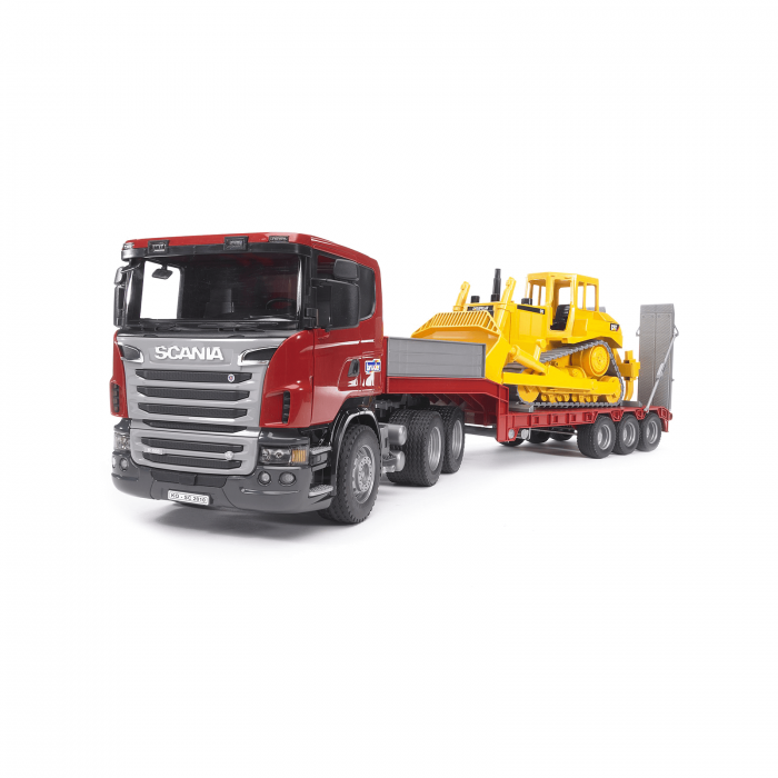 Jucărie - Camion Scania cu remorca, platforma si buldozer cu senile Caterpillar [1]