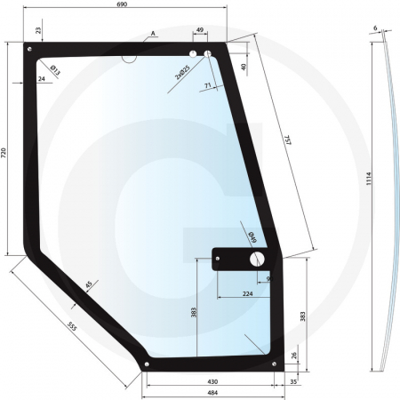 Tipuri de tractoare: 5120, 5130, 5140, 5150, 5220, 5230, 5240, 5250; Cabina: Maxxum / Maxxum Pro - Geam usa Case IH 650S30930 1330930C2  