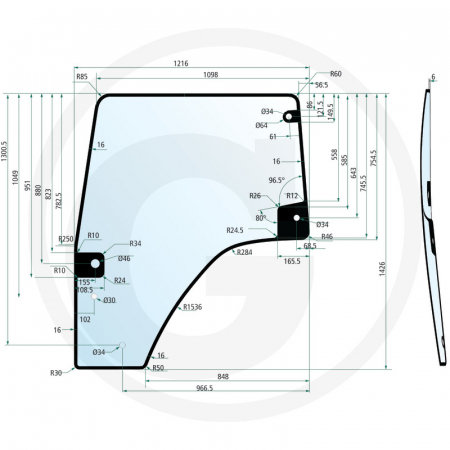 Tipuri de tractoare: Explorer 80, 90, 90.4, 100, 105, 105.4, 115.4, 85E, 100E, 115E, Silver 100, 110, Virtus 90, 100, 110, 120 - Geam usa - stanga 65004117 0.016.8743.0