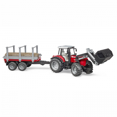 7.9. Utilaje Forestiere - Jucarie - Tractor MF 7480 cu Incarcator frontal si Remorca de transport lemne 02046 Bruder 02046
