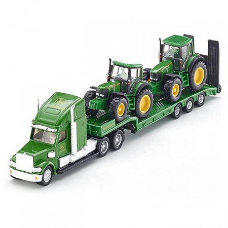 7.20. SIKU - Jucarie - Camion cu remorca platforma joasa si 2 tractoare John Deere 6820 1837 Siku 1:87 01837