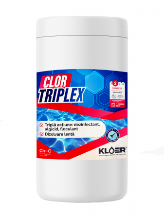 Consumabile piscina - Tablete multifunctionale tratare piscina Triplex, 1kg, Kloer, Skoon Water, clor complet 3 actiuni, dezinfectant, algicid, floculant