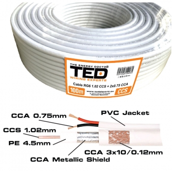 Cabluri voce date video alarma - Cablu alb coaxial OLCU RG6 75 Ohmi + 2 x 0.75 alimentare