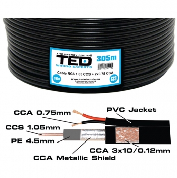 Cabluri voce date video alarma - Cablu negru coaxial OLCU RG6 75 Ohmi + 2 x 0.75 alimentare