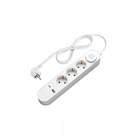 Instalatii electrice - Prelungitor cu 3 prize Schuko, buton modern on/off, 2 porturi USB, alb, lungime cablu 1.5m, Optonica 7617