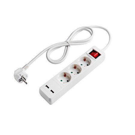 Instalatii electrice - Prelungitor cu 3 prize Schuko, buton on/off, 2 porturi USB, alb, lungime cablu 1.5m, Optonica 7615