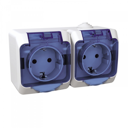 Aparataj ultraterminal modular - Priza dubla Schuko, aparenta, alba, cu capac protectie albastru, Schneider, WDE000525
