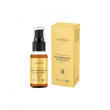 Protectie solara - Ulei bronzant cu sclipici GOLDEN SANDS, 100% ingrediente naturale, ORGANIC & VEGAN & REEF SAFE, Laura Baldini, 50ml