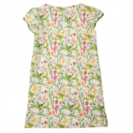Rochiță dreaptă cu mâneci în formă de petale, care se închide la spate cu un nasture. Primavara vintage - design natural cu ramuri verzi, flori colorate şi fluturi care se intrepătrund formând o continuitate florală. Culorile galbene, roşii şi roz sunt imprimate pe un fond crem. [1]