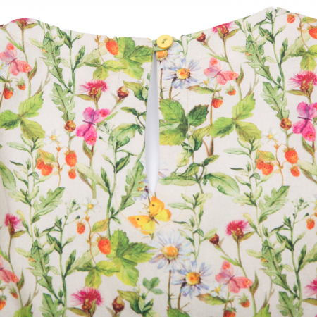 Rochiță dreaptă cu mâneci în formă de petale, care se închide la spate cu un nasture. Primavara vintage - design natural cu ramuri verzi, flori colorate şi fluturi care se intrepătrund formând o continuitate florală. Culorile galbene, roşii şi roz sunt imprimate pe un fond crem. [4]