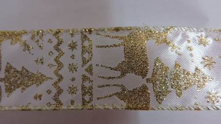 Benzi decorative, panglici - Banda decorativa cu reni- alb-auriu  4 cm latime- pret/1m