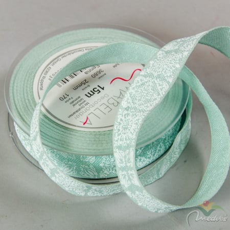 Benzi decorative, panglici - Banda decorativa menta cu imprimeu alb- 2.5 cm- pret/1m