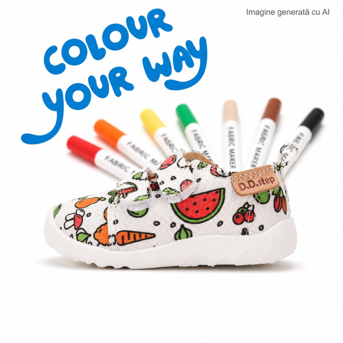 Papuci de interior barefoot D.D.Step Color Your Way albi, imprimeu Fast Food, cod C086-71353 [2]