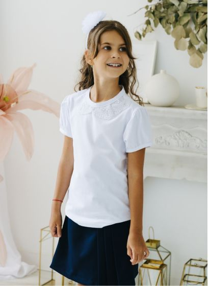 Tricou Alb Guler Dantelat si Maneca Bufanta [2]