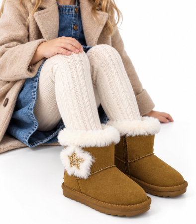 Încălțăminte copii - Cizme îmblănite barefoot Garvalin 261556-A127 maro și alb tip UGG masuri 24-30