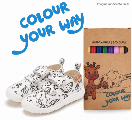 Încălțăminte copii - Papuci de interior barefoot D.D.Step Color Your Way albi, imprimeu Fast Food, cod C086-71353
