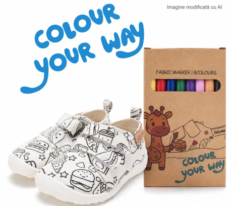 Încălțăminte copii - Papuci de interior barefoot D.D.Step Color Your Way albi, imprimeu Fast Food, cod C086-71353A