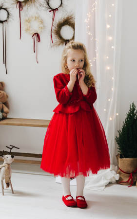 Rochite & fustite - Rochie din Catifea Rosie si Fusta de Tulle Rosu