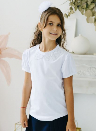 Imbracaminte de scoala - Tricou Alb Guler Dantelat si Maneca Bufanta
