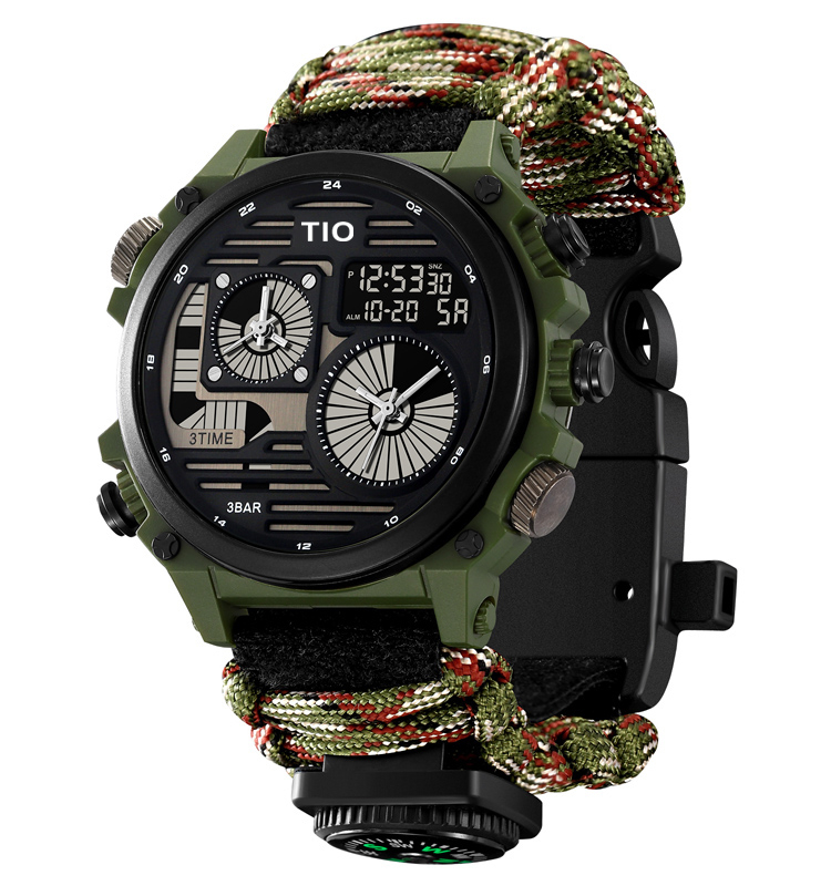 Ceas barbatesc de mana, Tio, Militar, Supravietuire, Cremene foc, Busola, Paracord, Fluier, Lama, Army Verde Camuflaj