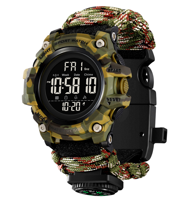 Ceas barbatesc de mana Tio   Supravietuire, Busola, Sport, Stil Militar, Army, Casual, Digital, Cremene foc, Paracord, Fluier Verde Camuflaj