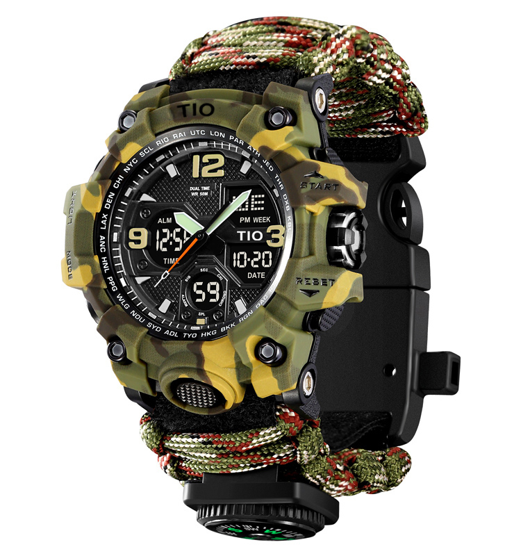 Ceas barbatesc de mana, Tio, Supravietuire, Cremene foc, Busola, Paracord, Fluier, Lama, Cronograf, Army, Militar, Sport, Digital Verde Camuflaj