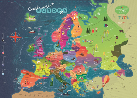 După Vârstă - Construiește Europa - Puzzle Educativ în format mare - Țări, Relief, Steaguri și Obiective Turistice