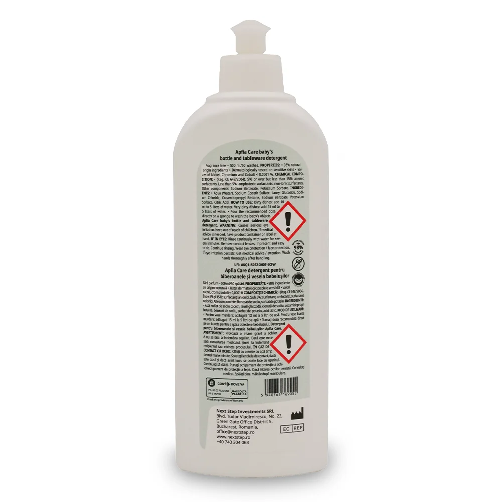 Detergent lichid ECO pentru biberoane și accesorii, Natural, Fără parfum, 50 spălări, 500 ml Apfia Care [3]