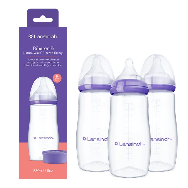 Pachet 3 Biberoane Lansinoh 330 ml cu Tetine NaturalWave F (flux rapid), Polipropilenă, 6-12 luni