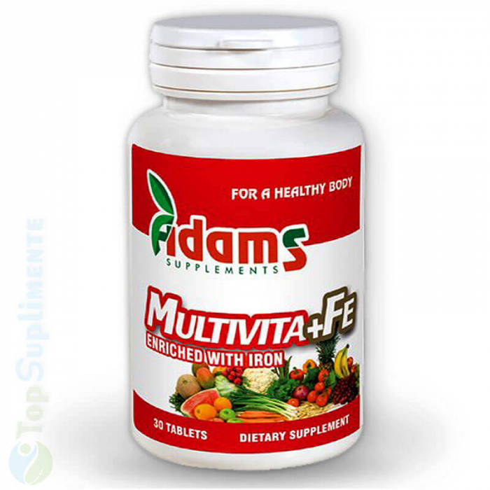 Multivita + Fier 30 tablete, complex multivitamine și fier, imunitate, stres, anemie, oboseală, metabolism, oase, păr, mușchi (Adams Supplements) [5]