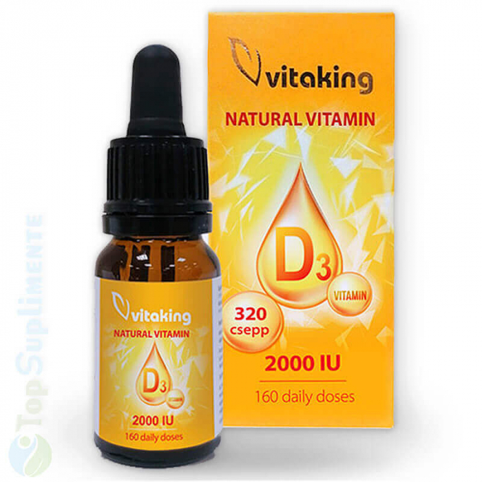 Picături Vitamina D3 2000UI 10 ml. (320 picături), sistem imunitar, infecții, oase, mușchi, sistem nervos, oboseală, cancer (Vitaking) [1]