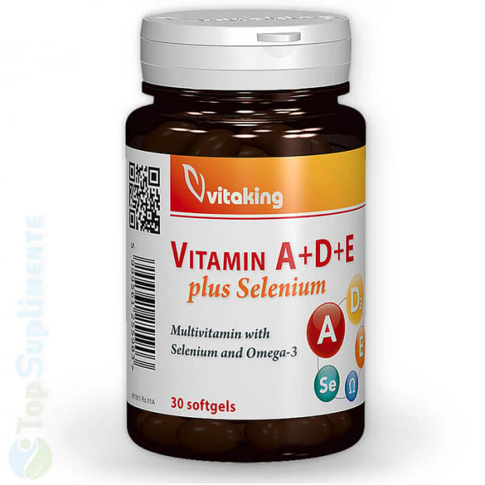 Vitamine A + D + E + Seleniu + Ulei pește Omega3, 30 capsule gelatinoase, ochi, vedere, imunitate, oase, piele, păr, unghii (Vitaking) [1]