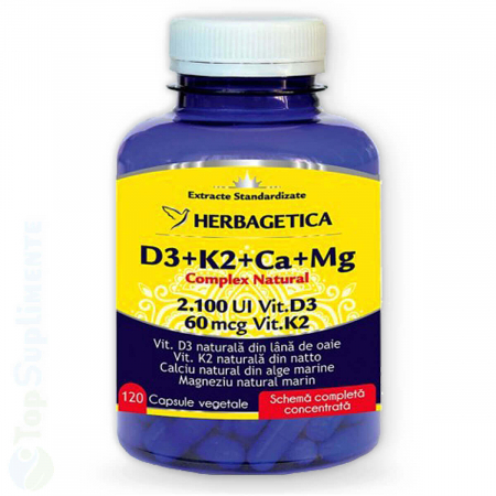 Suplimente alimentare - Complex Natural D3+K2+Ca+Mg vitamine si minerale pastile Herbagetica - TopSuplimente
