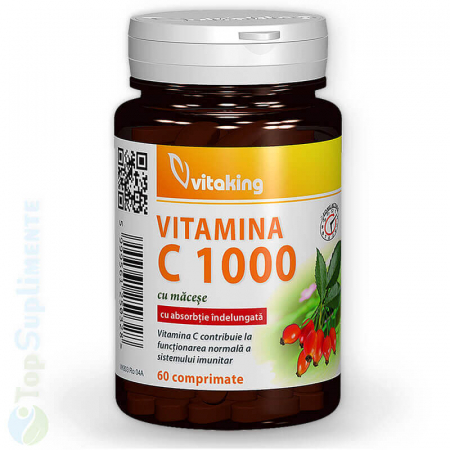 Vitamina C 1000mg. Măceșe absorbție lentă 60 comprimate, imunitate, creștere, dezvoltare, oase, mușchi, dinți, răceli, viroze (Vitaking) [0]
