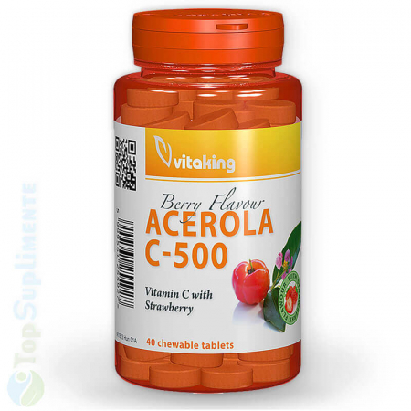 Vitamina C 500gr. cu acerola, gust căpșuni/zmeură 40 tablete masticabile, imunitate, creștere, dezvoltare, oase, dinți, răceli, viroze (Vitaking) [0]