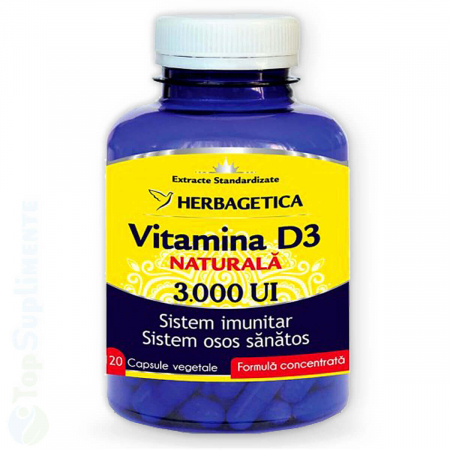 Vitamine si minerale - Vitamina D3 Naturala 3000UI capsule pastile oase imunitate Herbagetica 120cps TopSuplimente