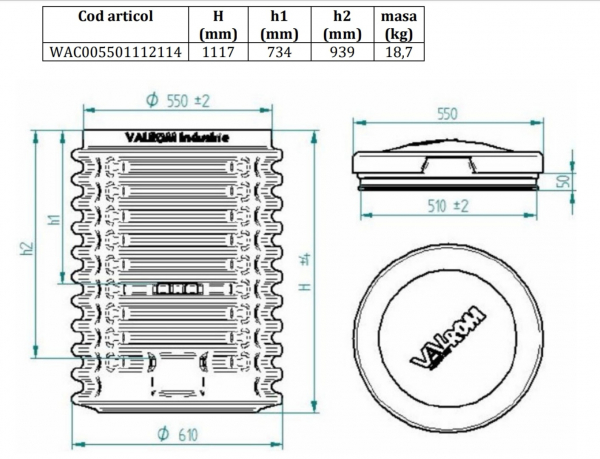 Camin apometru eco D550 H=1100 instalatie 3/4" contor DN20 capac [2]