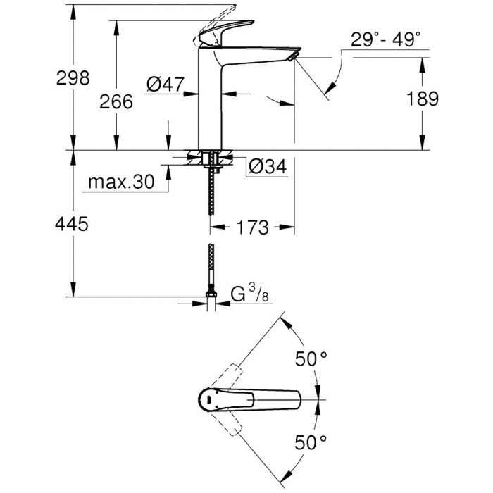 Baterie baie pentru lavoar, Grohe Eurosmart XL 23971003, inalta, montaj stativ, monocomanda, finisaj cromat [3]