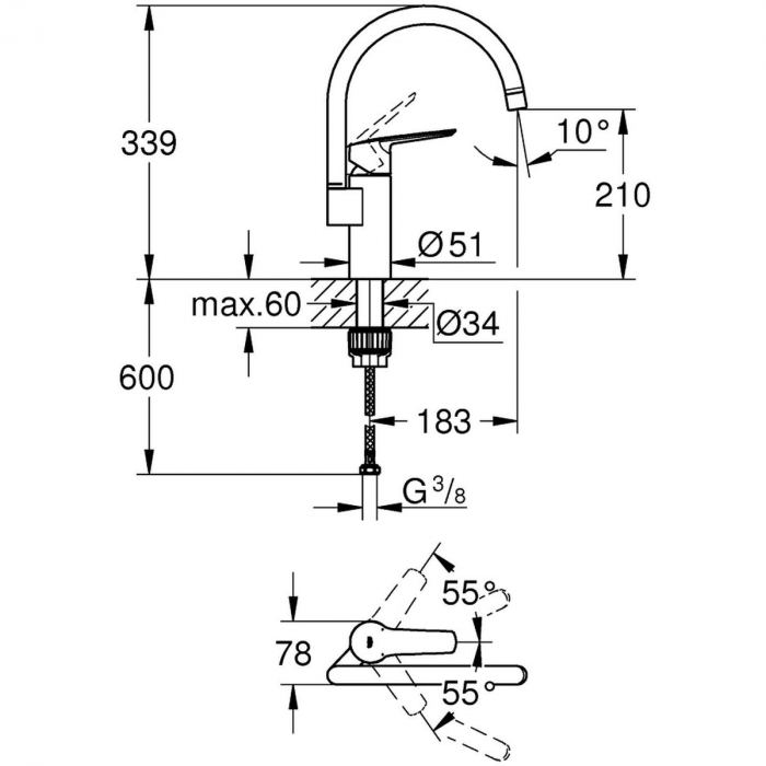 Baterie bucatarie, Grohe Eurosmart 33202003, stativa, monocomanda, alama, finisaj cromat [2]