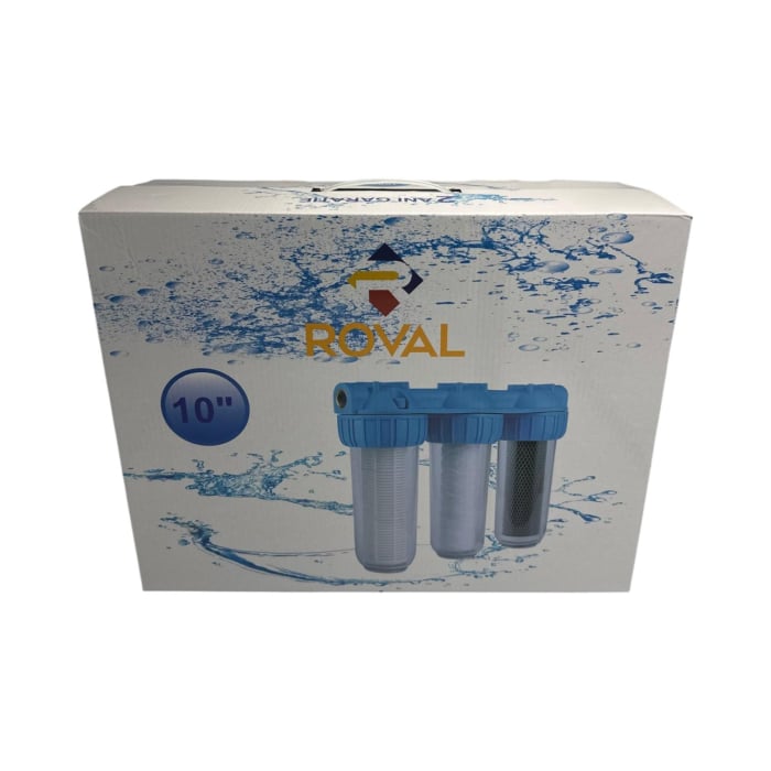 Filtre de apa ROVAL 3 x 10” cu 3/4” in linie pentru filtrare mecanica cu 3 cartuse filtrante - nylon + polipropilena + carbune activ [2]