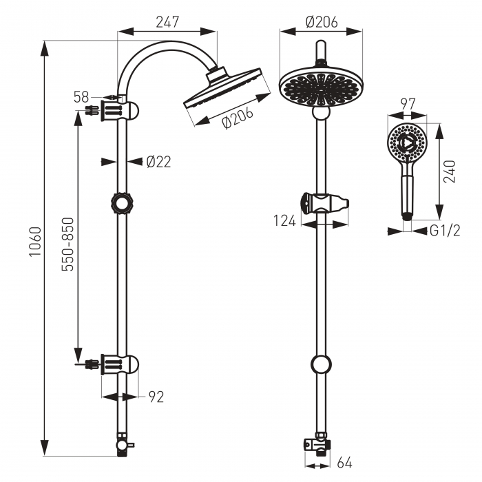 Pachet Rondo - set de dus cu dus fix si dus mobil culisant + Algeo - Baterie perete cada-dus, fara accesorii [5]