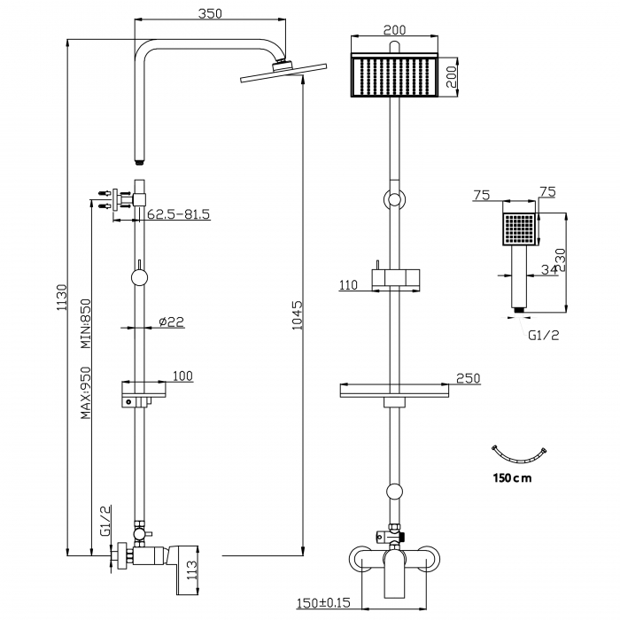 Square - set 2 in 1: baterie dus cu set dus fix si para dus mobila FERRO NP74-BAQ7U [2]